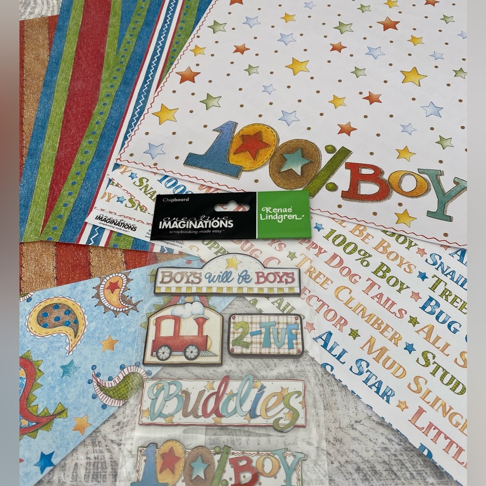 ⭐️ CREATIVE IMAGINATIONS “BOYS WILL BE BOYS” CHIPBOARD & SCRAPBOOK PAPER BUNDLE.